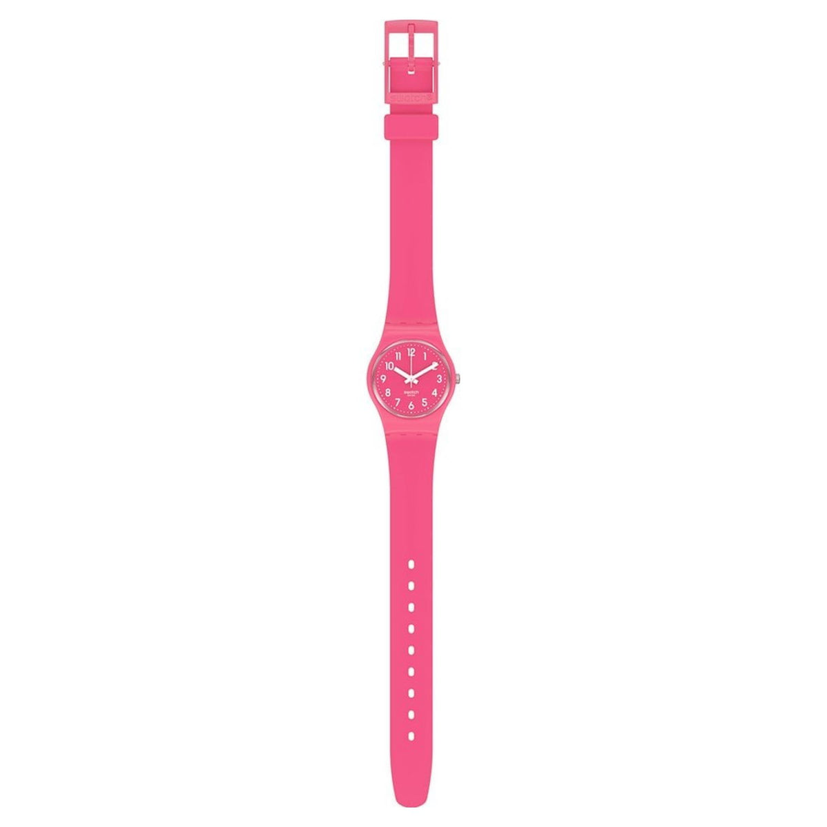 Pink silicone strap wristwatch front view with small pink dial and buckle