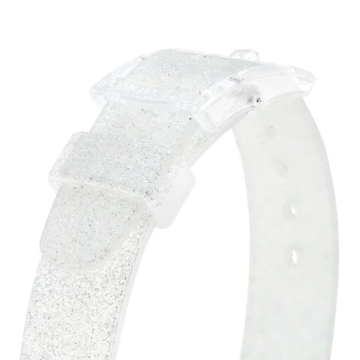 Clear crystal-style strap with glitter finish and transparent watch case, view from side