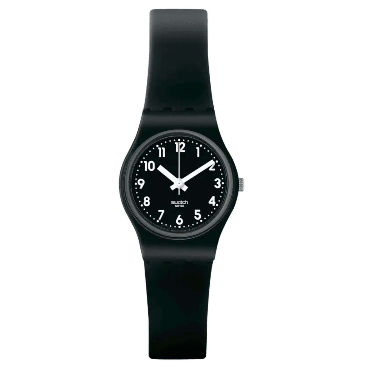 Black ladies quartz watch with round black dial and silicone strap, front view