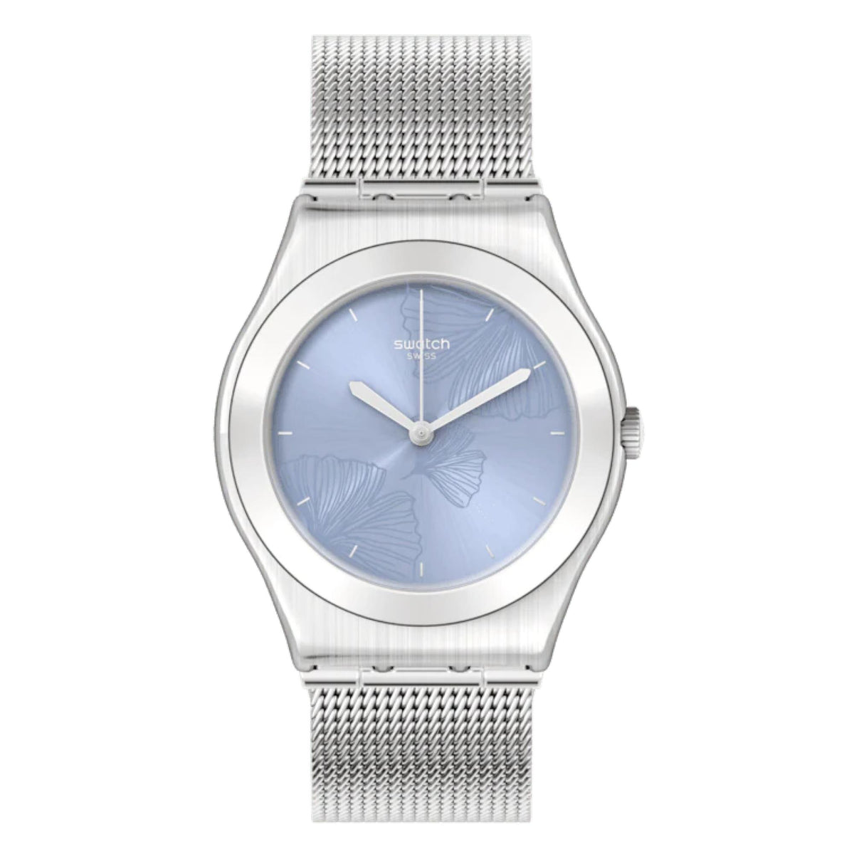 Swatch ladies watch with silver mesh bracelet and light blue butterfly-pattern dial