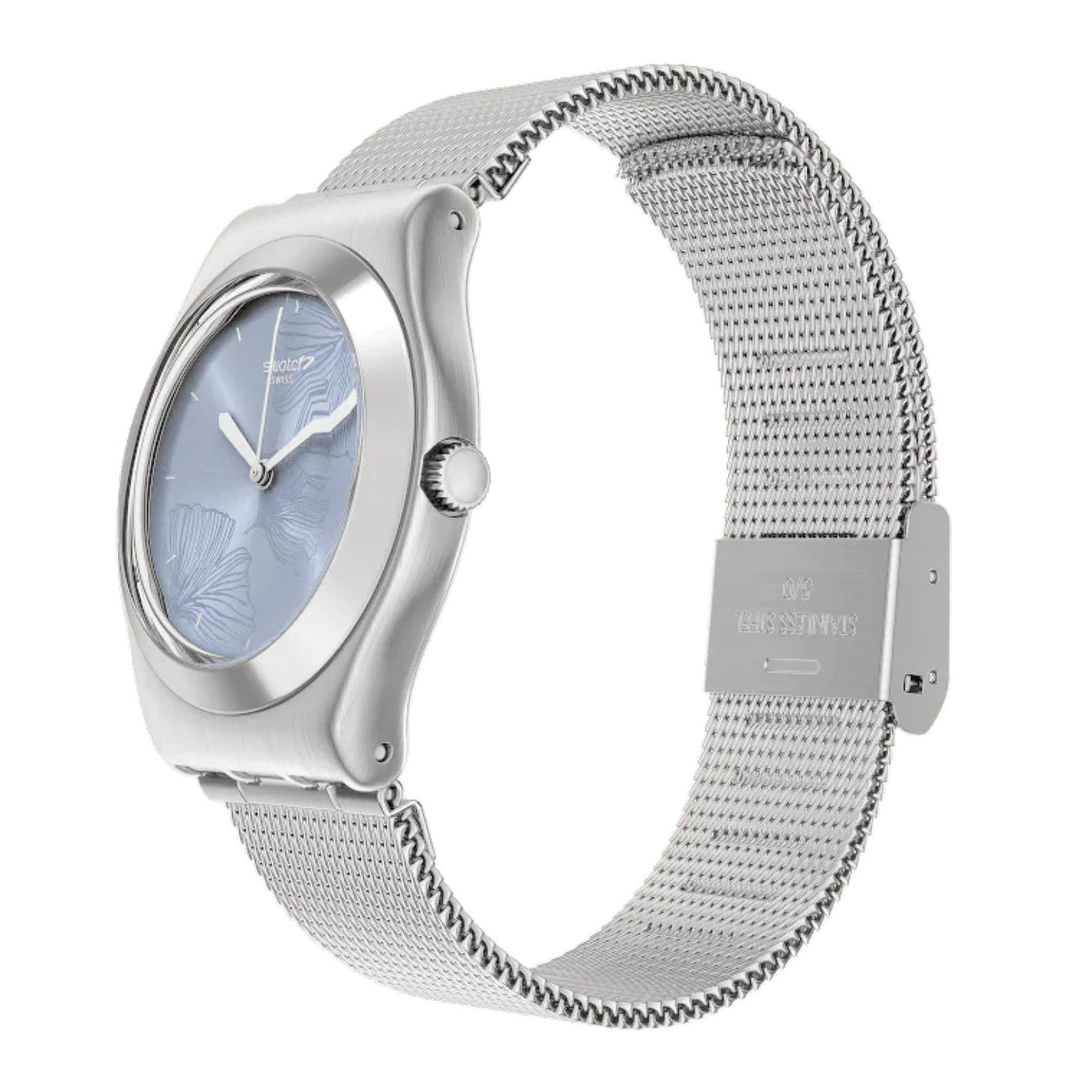 Swatch ladies watch side view with silver case, light blue dial, and mesh bracelet