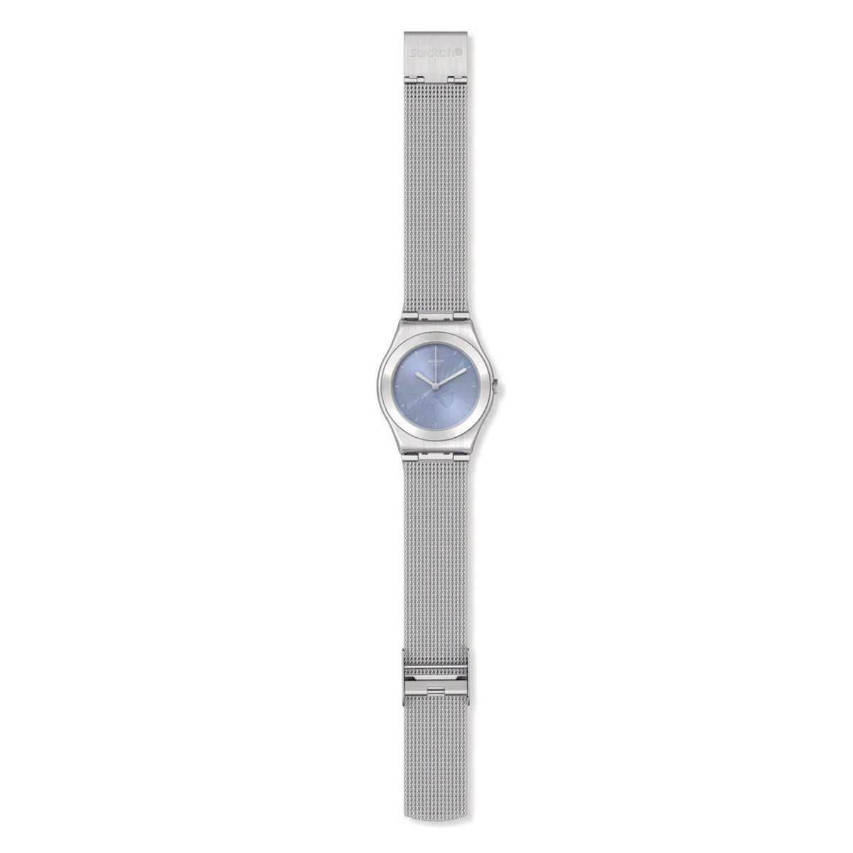 Swatch ladies watch vertical view with silver mesh band and light blue dial