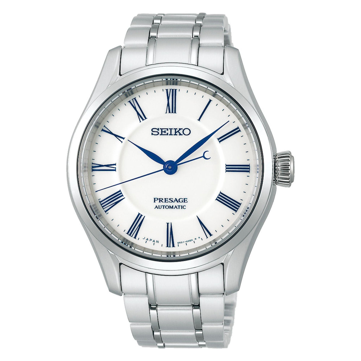 Men's stainless steel wristwatch, white dial with blue Roman numerals and Presage text