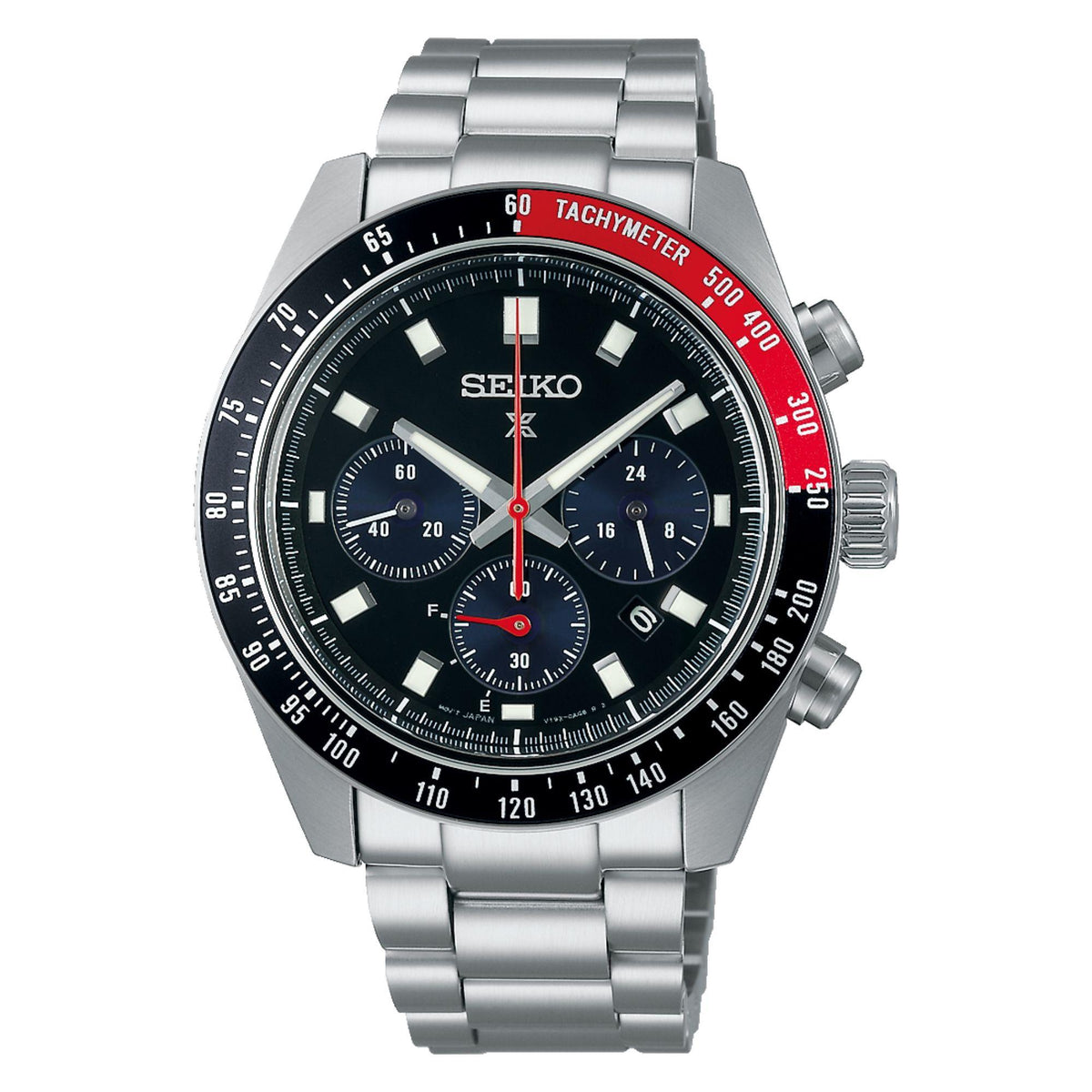 Men's stainless steel chronograph watch, front view; black dial with three subdials.