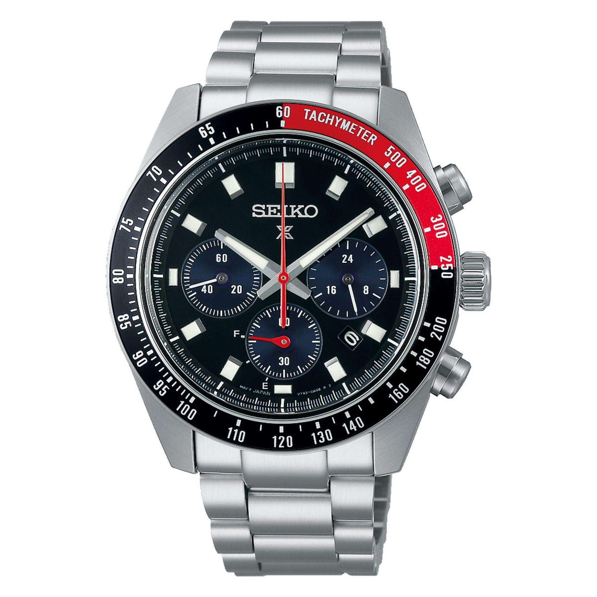 Men's stainless steel chronograph watch, front view; black dial with tachymeter ring.
