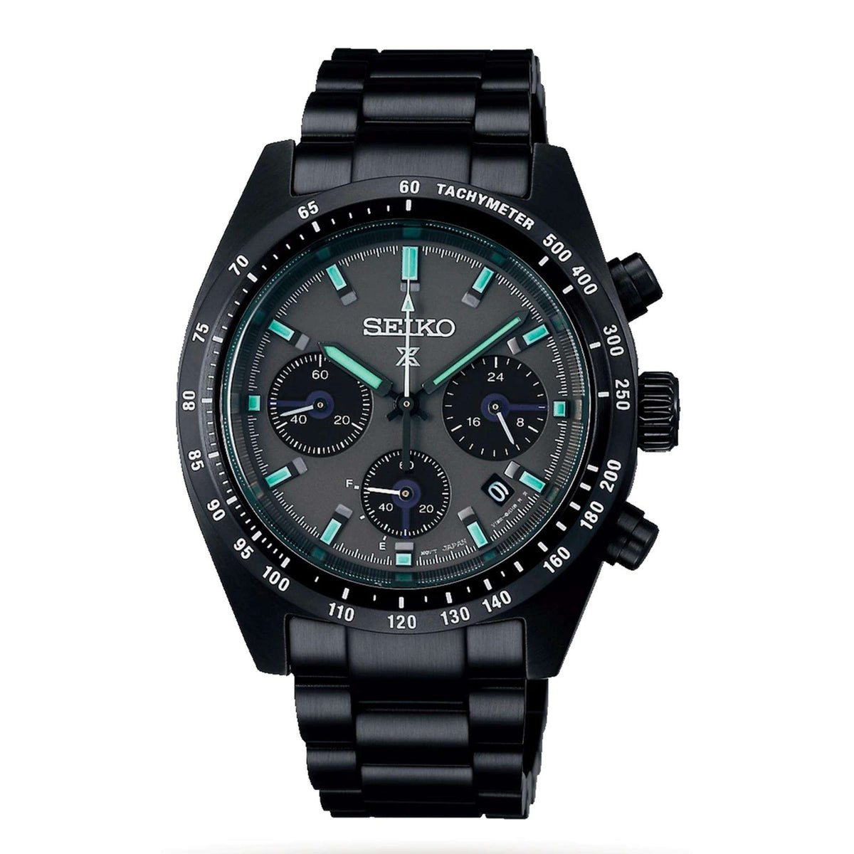 Black chronograph watch with black dial and turquoise hour markers, steel bracelet