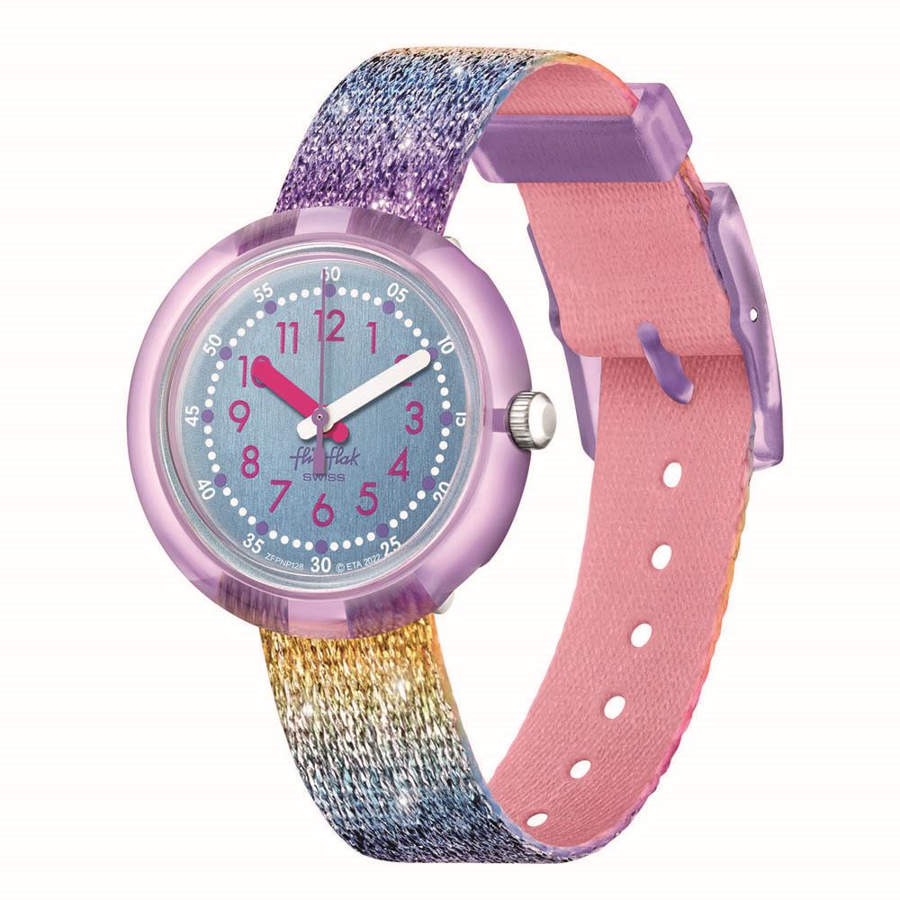 Round purple dial watch with rainbow glitter strap and pink dotted band