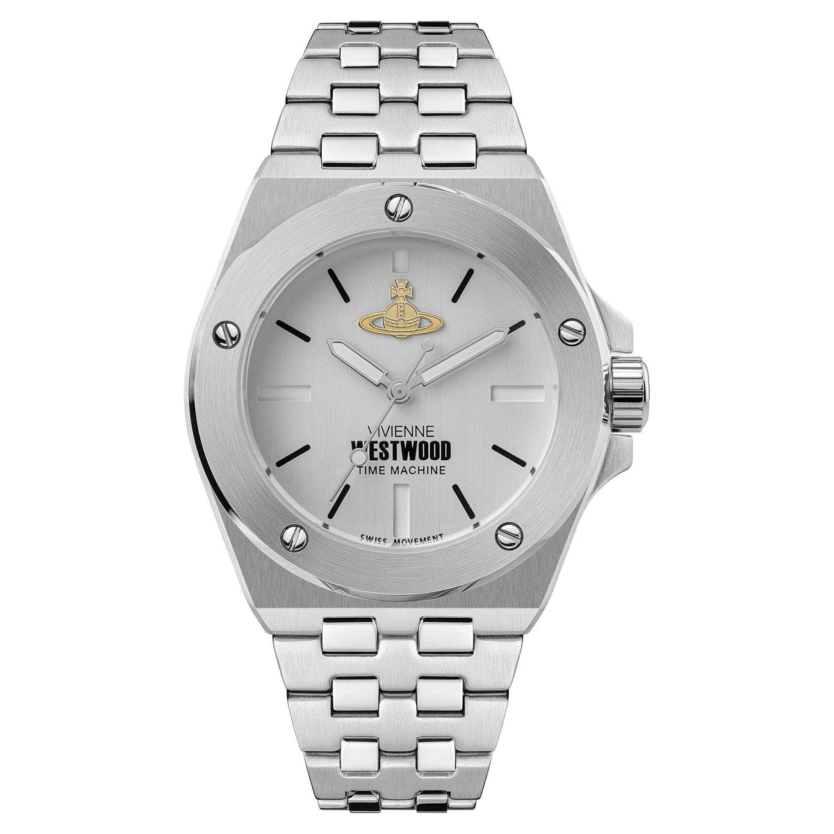 Stainless steel bracelet watch with grey dial, gold crest logo, and polished bezel