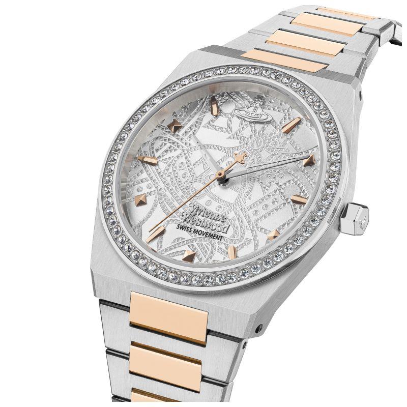 Silver Vivienne Westwood watch with crystal bezel, rose-gold link accents, patterned dial
