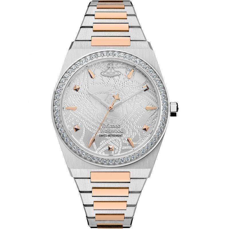 Silver bracelet watch front with crystal bezel, rose-gold hour markers, patterned white dial