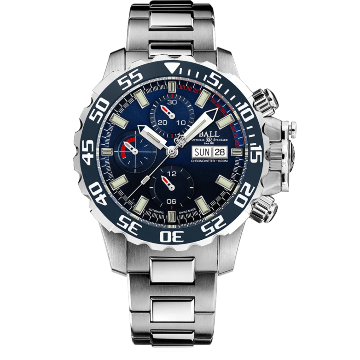 Men’s stainless steel bracelet watch with blue dial, subdials, date window