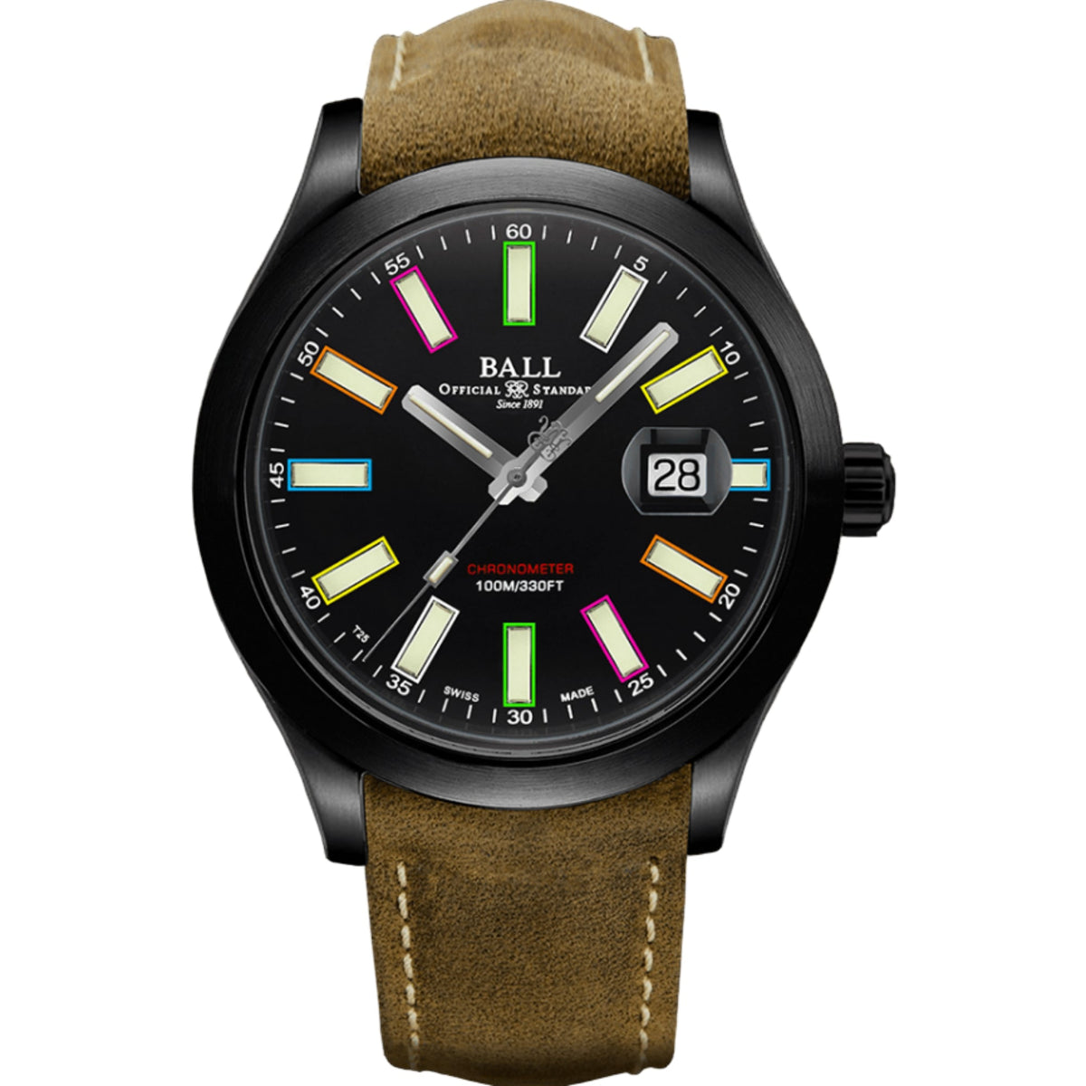 Men's automatic watch with black dial, rainbow markers, and tan-brown leather strap, date window