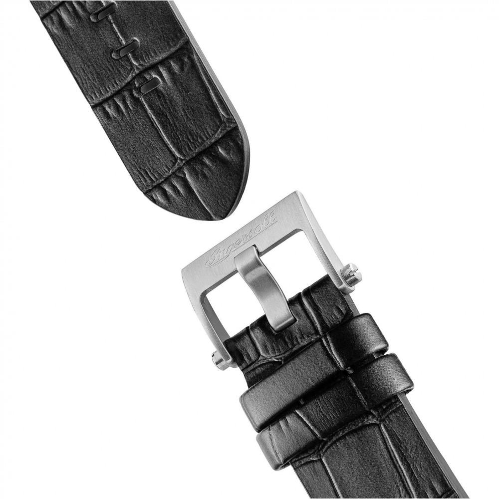 Black leather watch strap with metal buckle, embossed texture