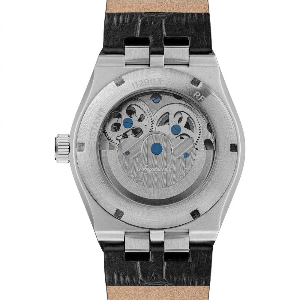 Stainless steel automatic watch with openwork dial details and black leather strap