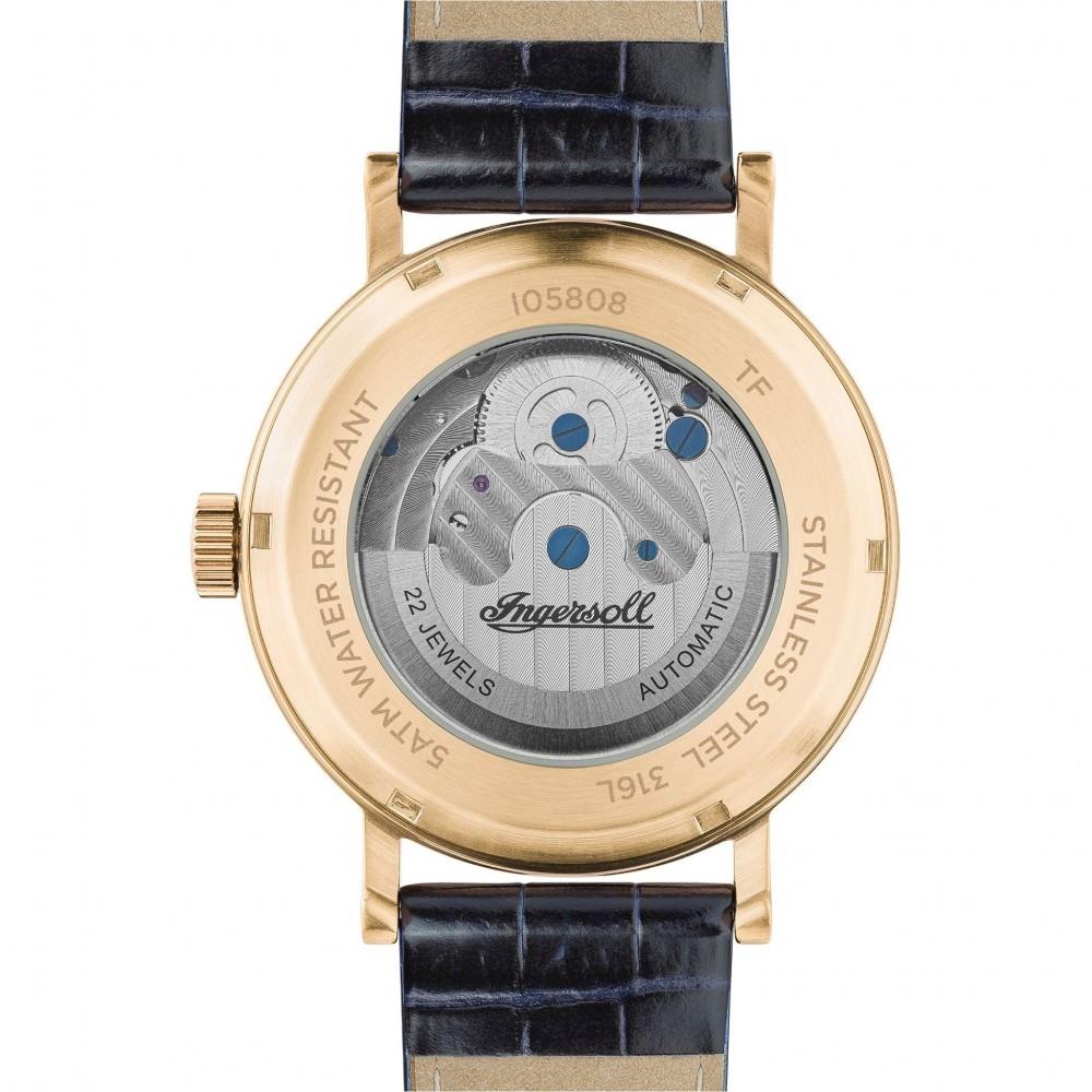Men's automatic watch with blue leather strap, round gold caseback, and engraved details