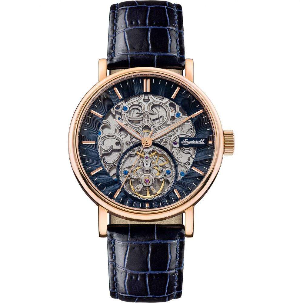 Men's automatic skeleton watch with black dial and blue leather strap, rose-gold bezel