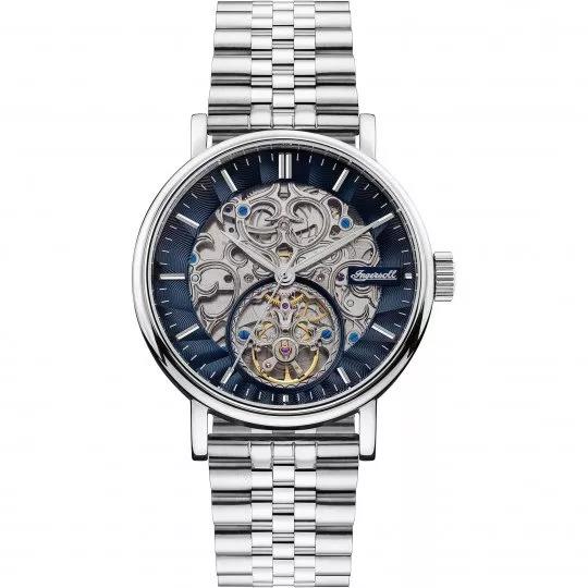 Automatic men’s watch front view with dark blue skeleton dial and stainless steel bracelet