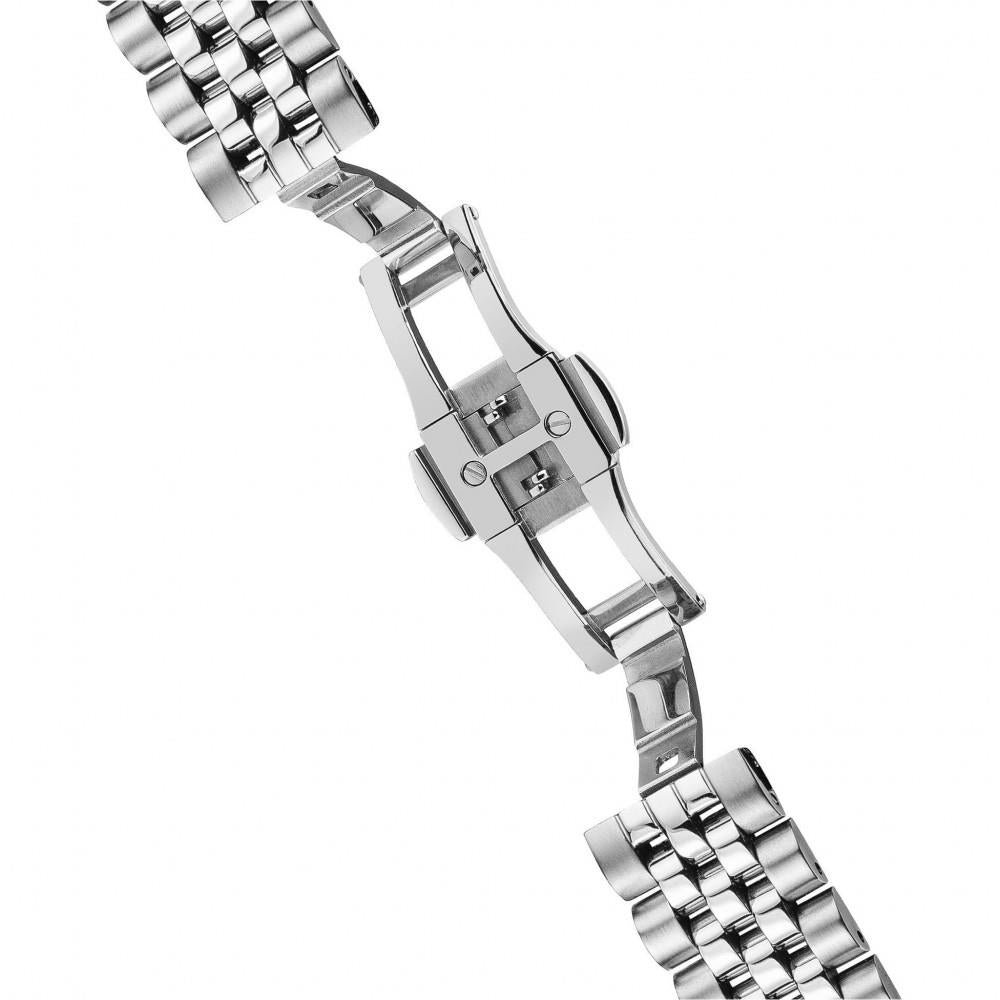 Side view of silver stainless steel watch bracelet and clasp hardware