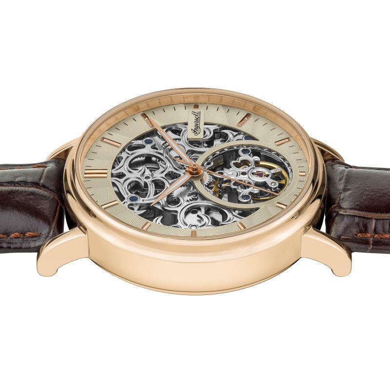 Men's automatic skeleton watch, champagne dial, gold-tone case, brown leather strap