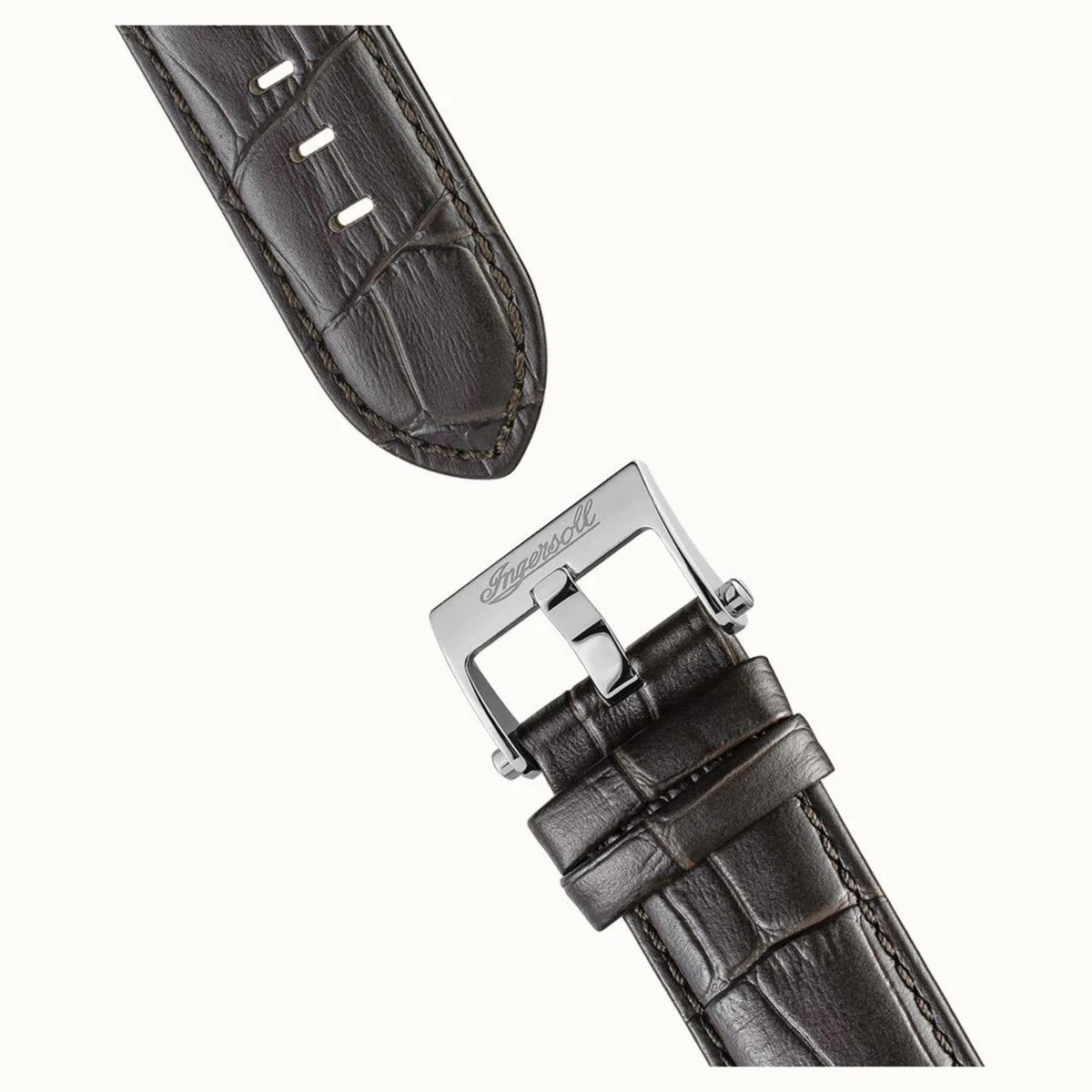 Brown leather watch band with silver tang buckle and visible stitched edges