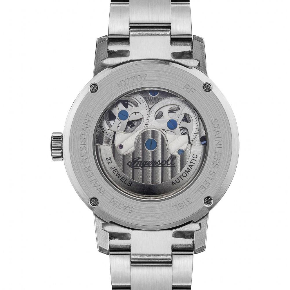 Silver steel automatic watch caseback showing skeleton movement and blue accents