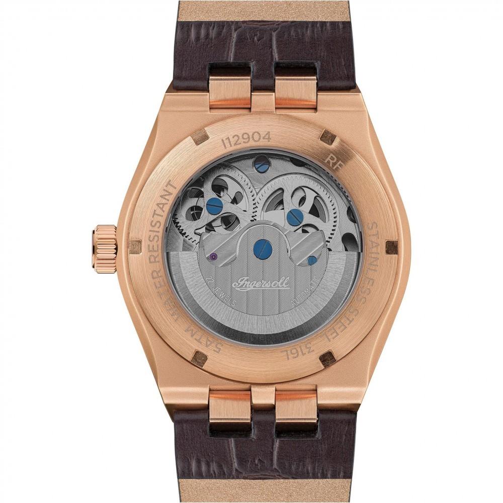 Automatic men's watch caseback with visible movement details, brown leather strap