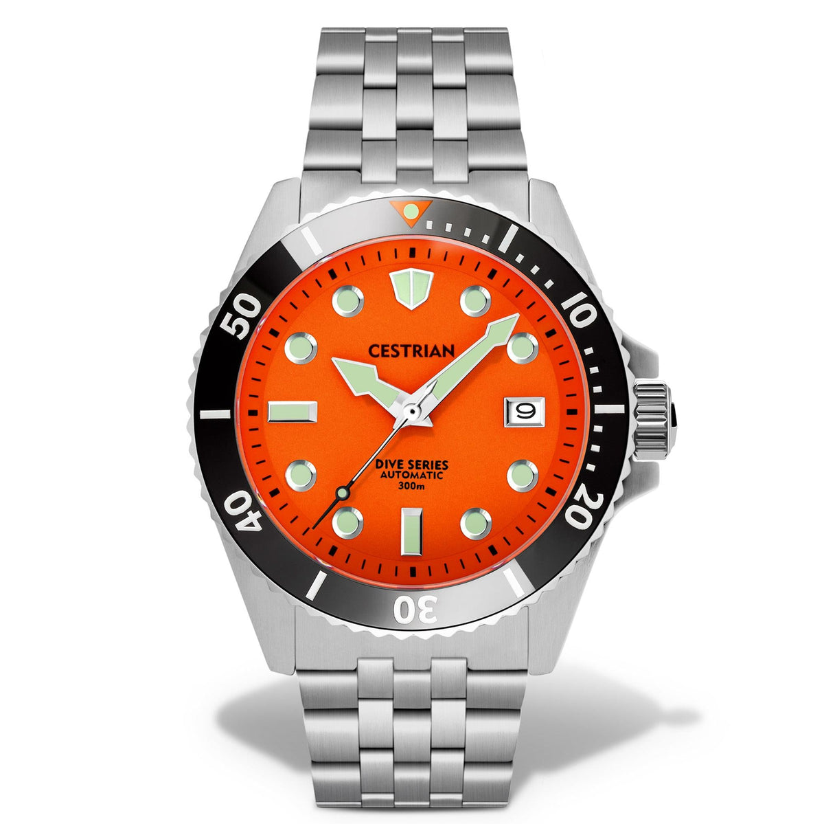 Men's dive watch centered front: orange dial and black bezel with stainless steel links