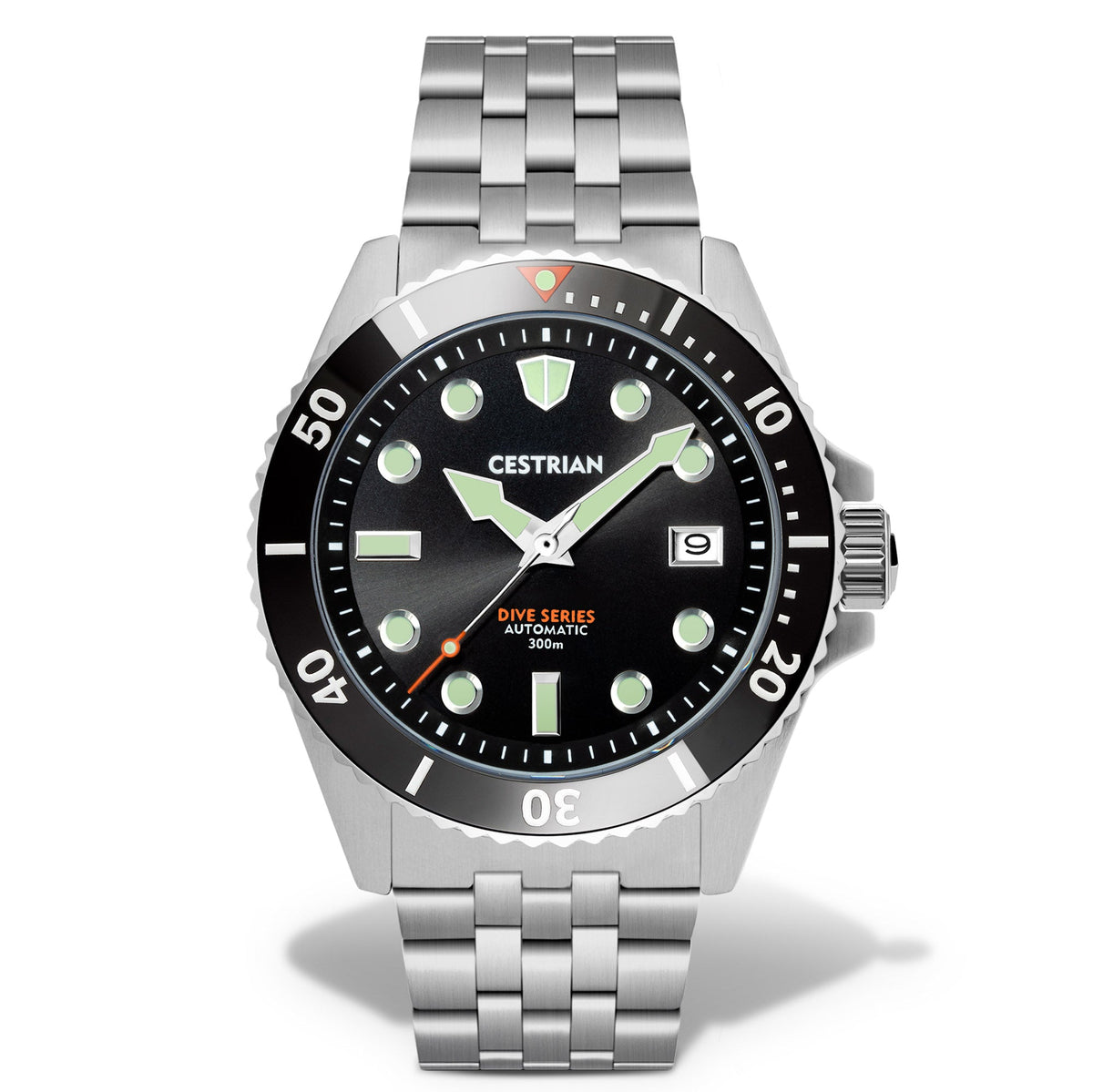 Men's automatic dive watch front view: black dial, green indices, steel bracelet and bezel