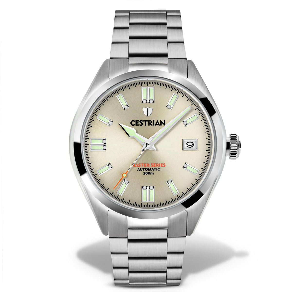 Men's steel automatic watch with champagne dial, luminous markers, and steel bracelet.