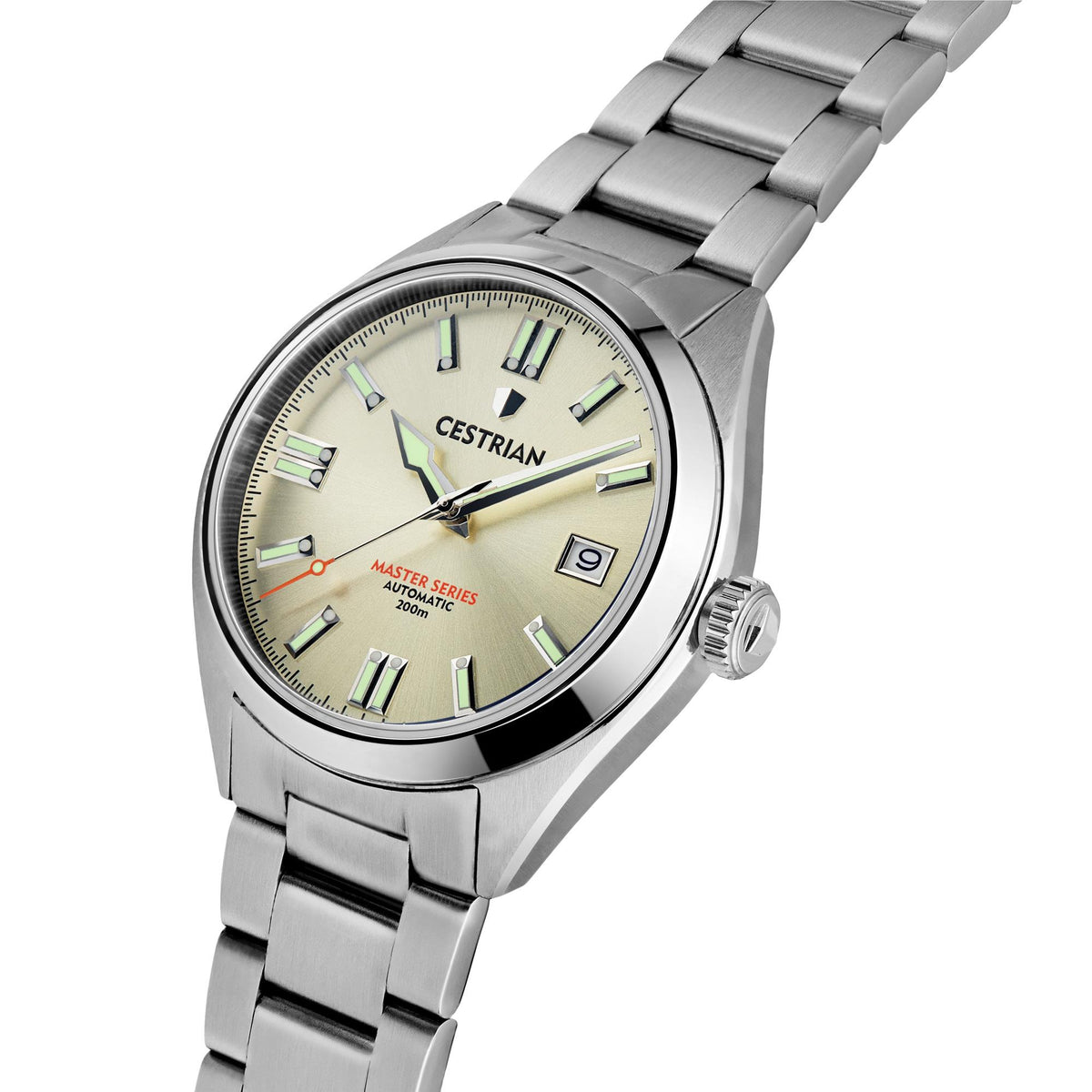 Men's steel automatic watch, angled side view with champagne dial and metal bracelet.