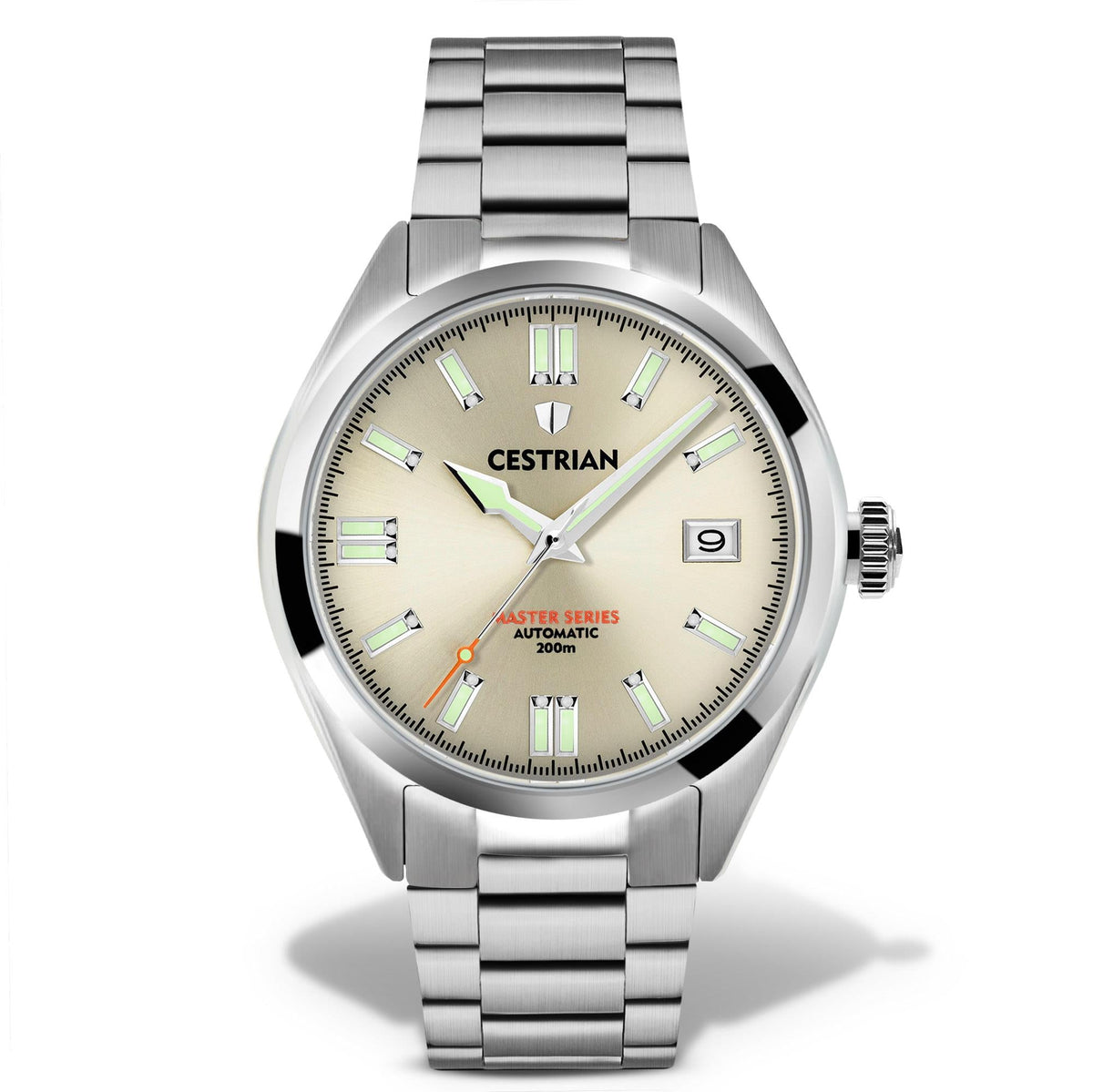 Men's steel automatic watch front view with champagne dial, luminous markers, metal bracelet.