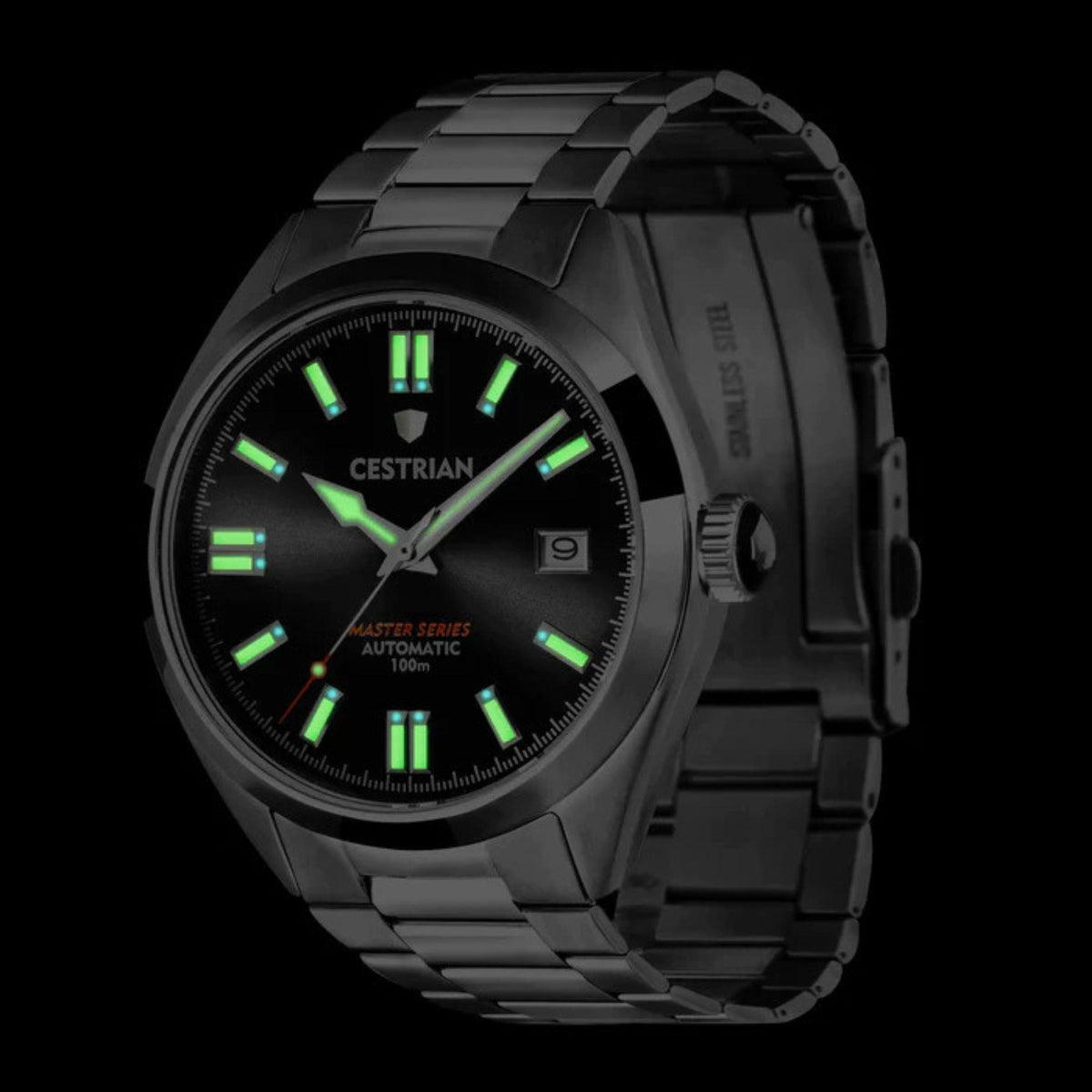 Men's steel automatic watch with black dial, bright green lume markers, and metal bracelet