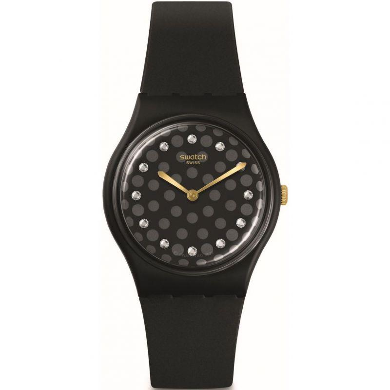 Front view of black Swatch watch with round speckled dial and gold-tone hands.