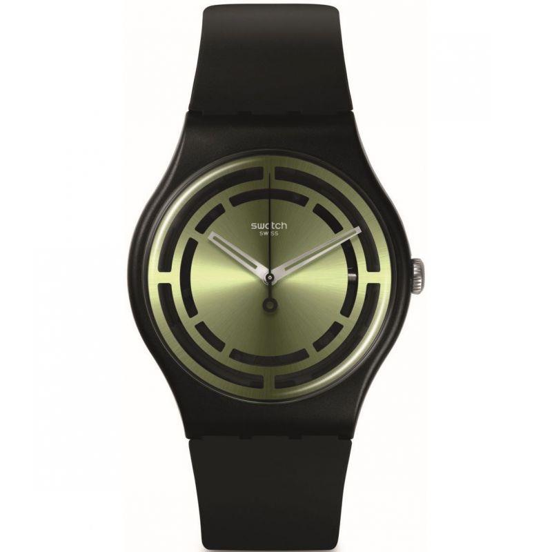 Swatch round watch with olive-green dial, ring details, black silicone strap