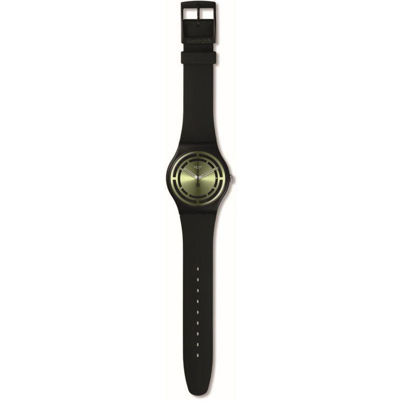 Swatch watch with black silicone strap and olive-green dial, side view