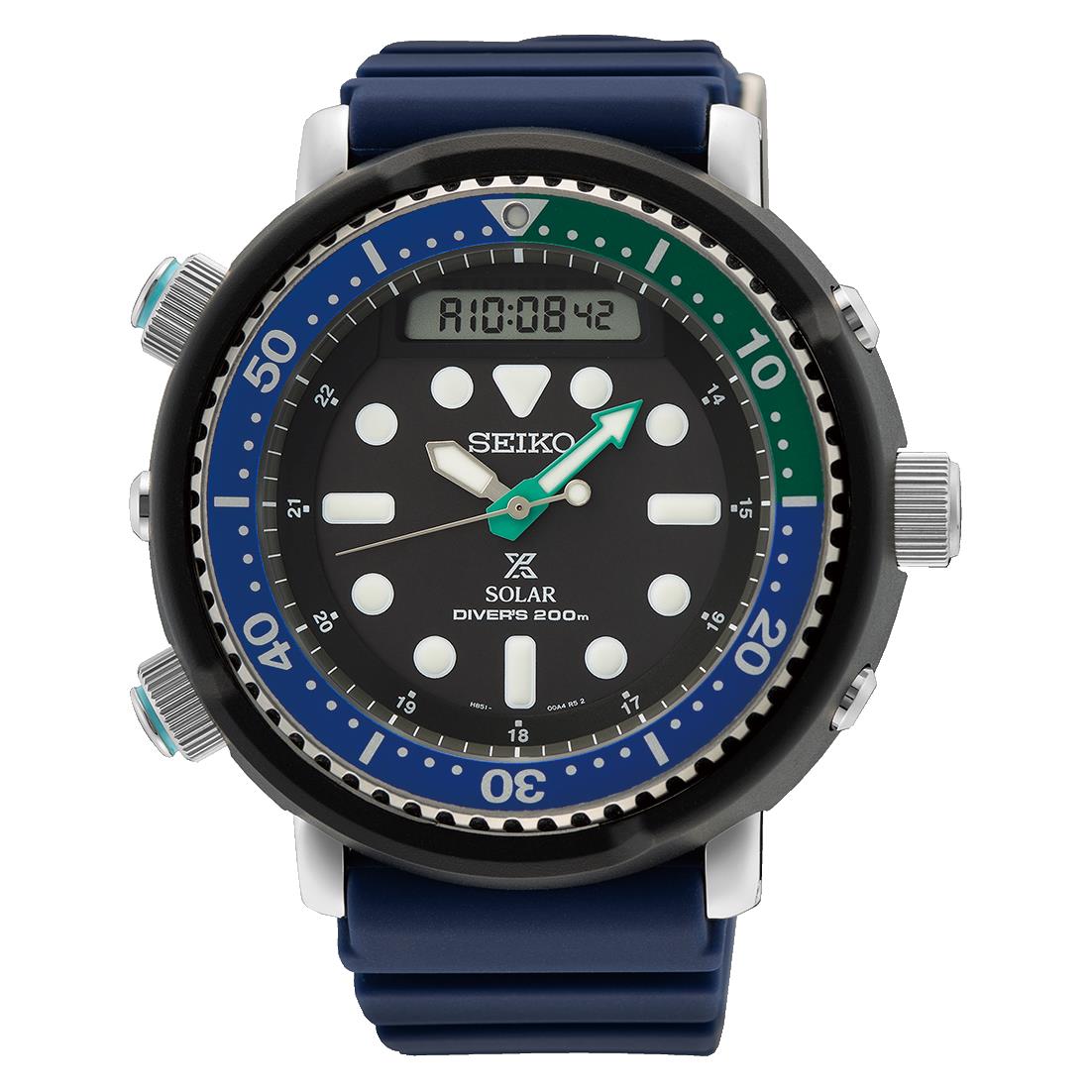 Men's diver watch front view: black dial with green hands, blue bezel, blue silicone strap.