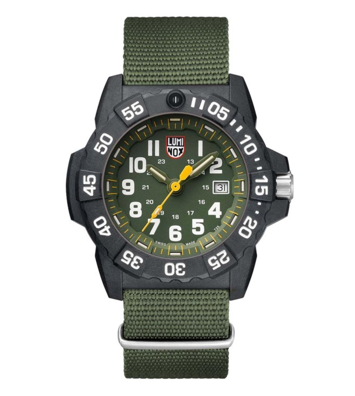 Men's military-style wrist watch with green dial, black case, olive fabric band