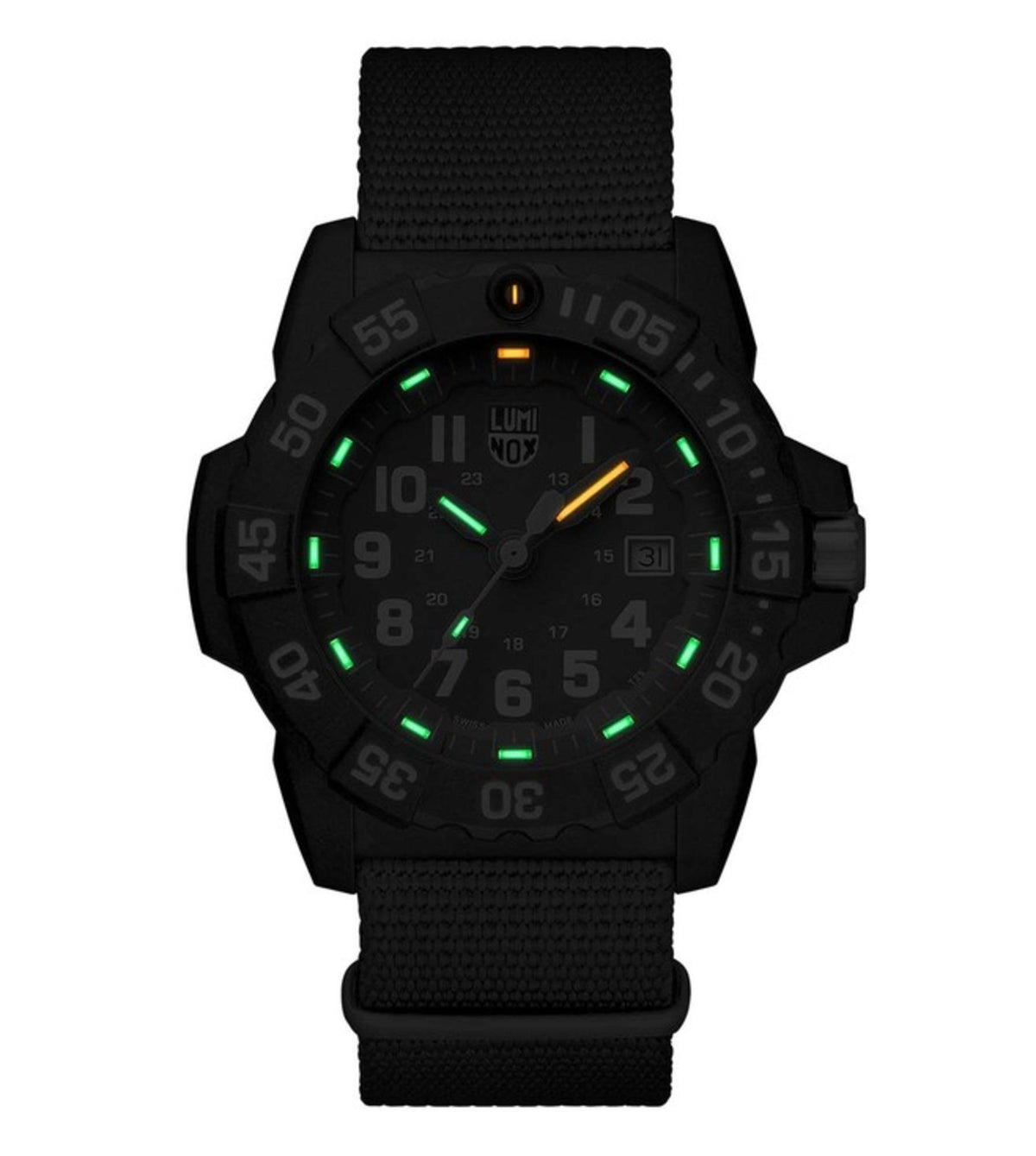 Men's military-style wrist watch with black dial, black case, black fabric strap