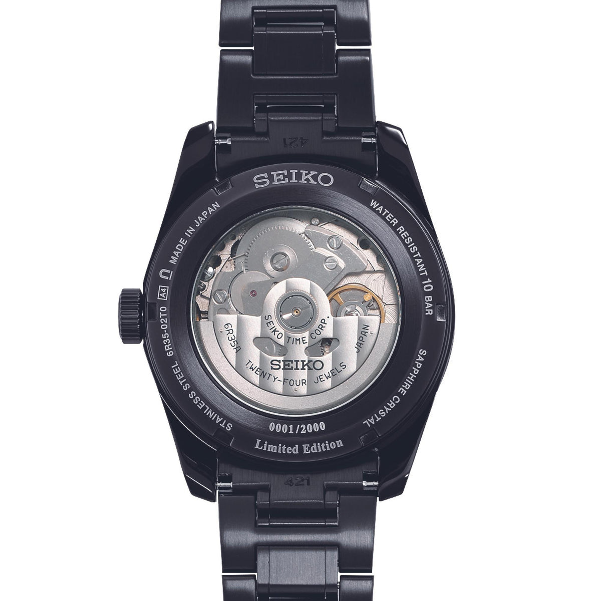 Men's black watch caseback with exposed movement, water resistance text, and limited edition