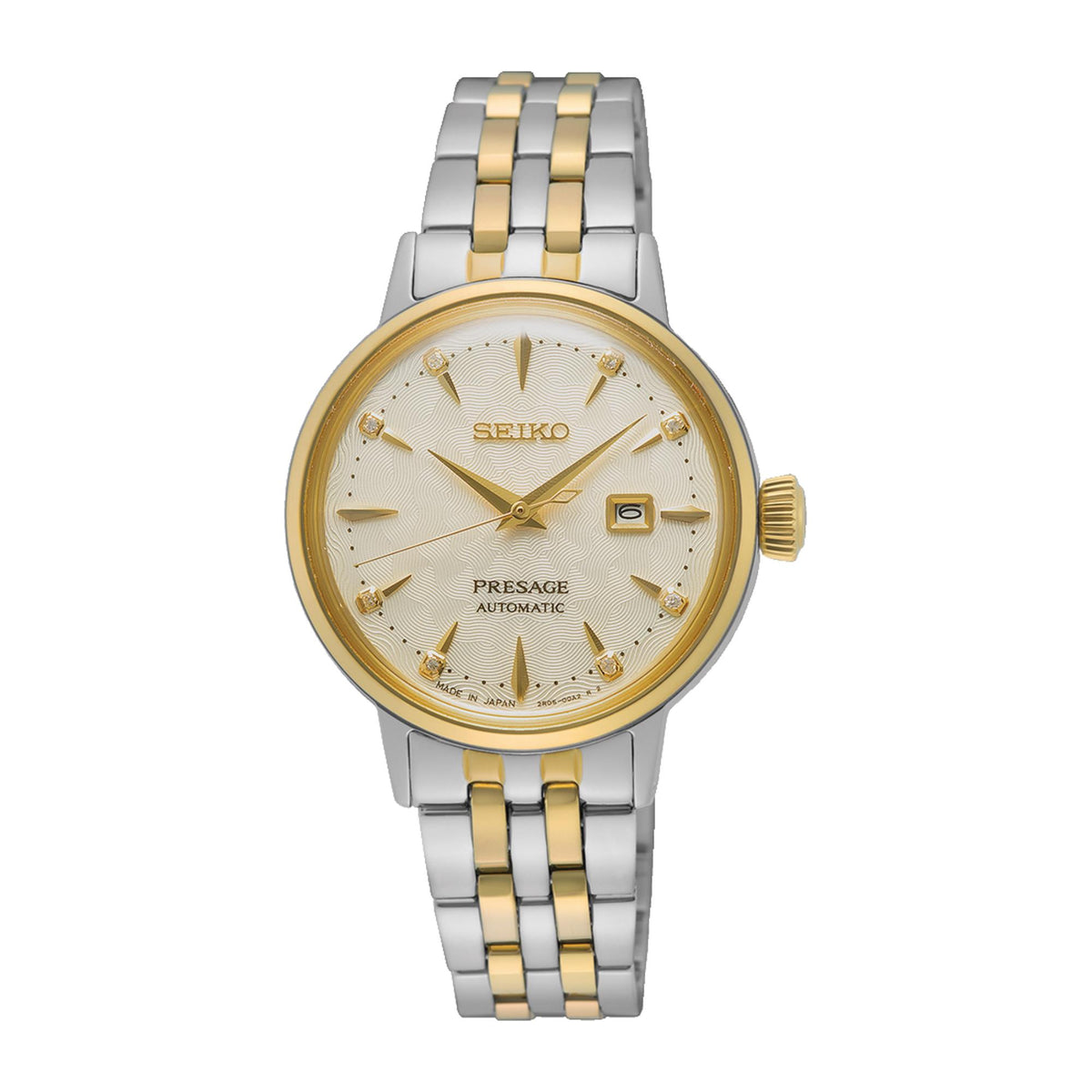 Clean front portrait of the 30mm two-tone stainless steel automatic watch with its gold accents and textured cream dial.