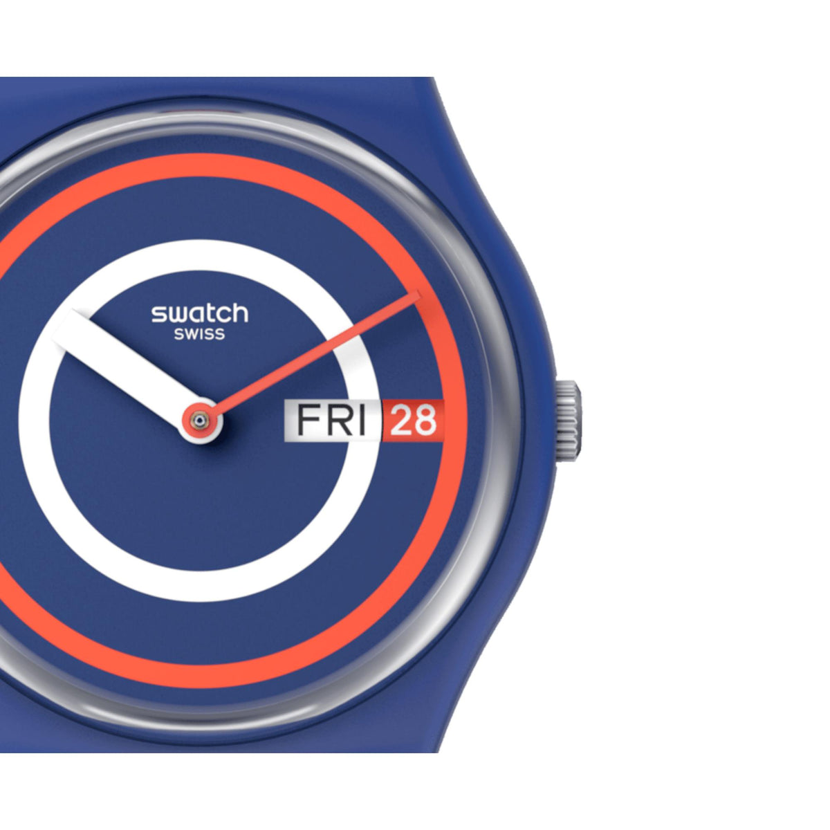 Dial detail: blue face, red ring, white hour track, and Fri 28 date window