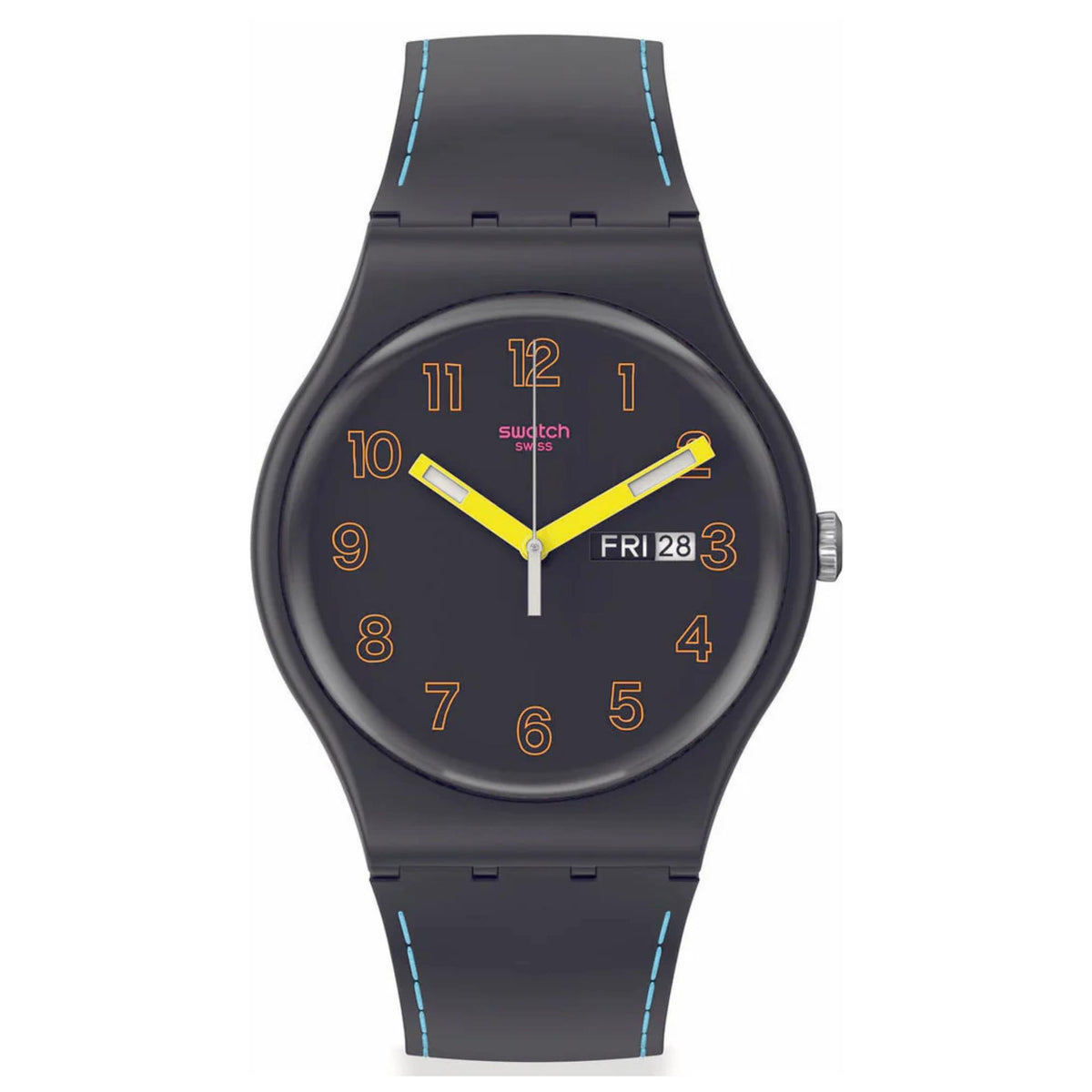 Round black dial quartz watch with yellow hour and minute hands, blue-stitch dark strap