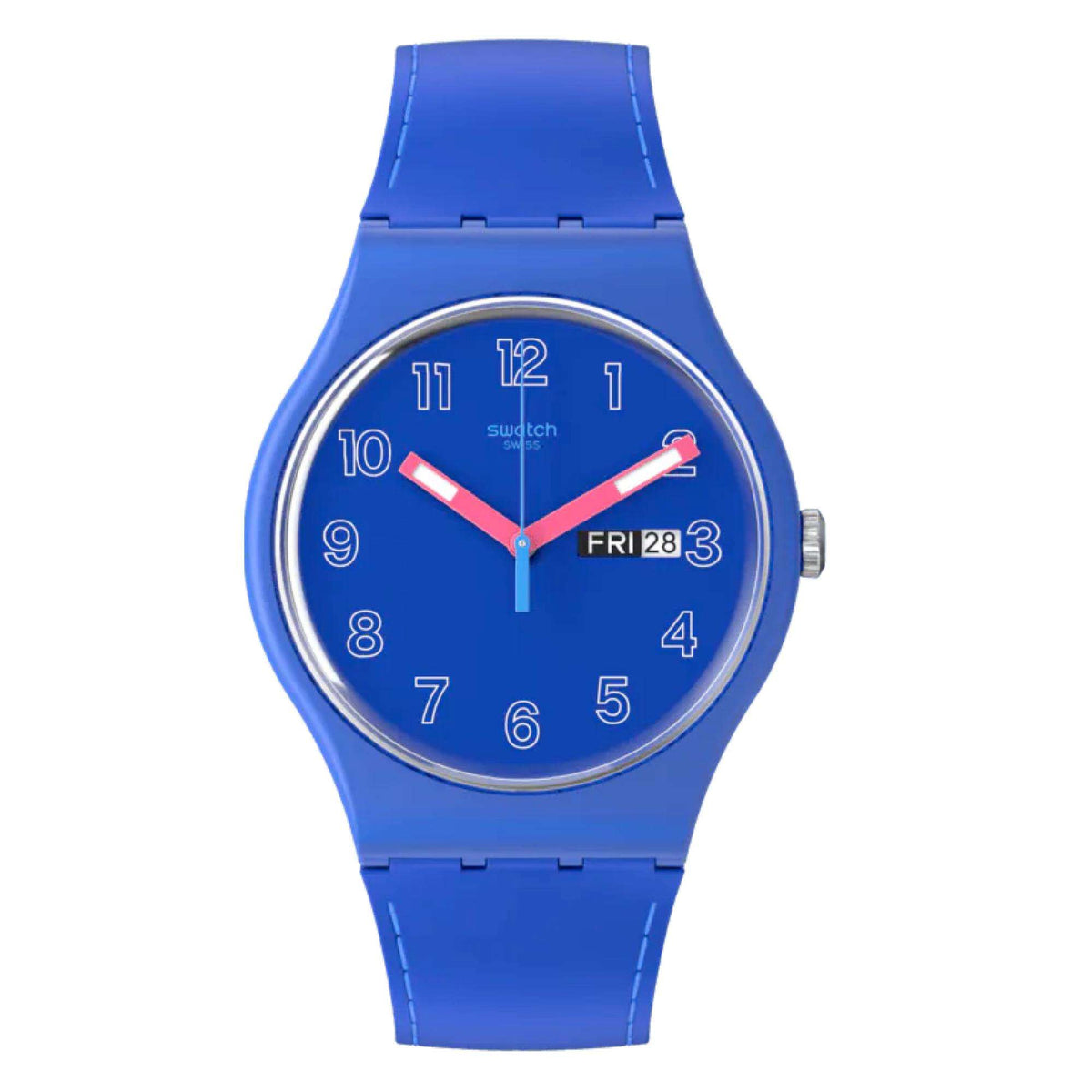 Swatch quartz watch with blue dial, pink hands, and blue silicone band