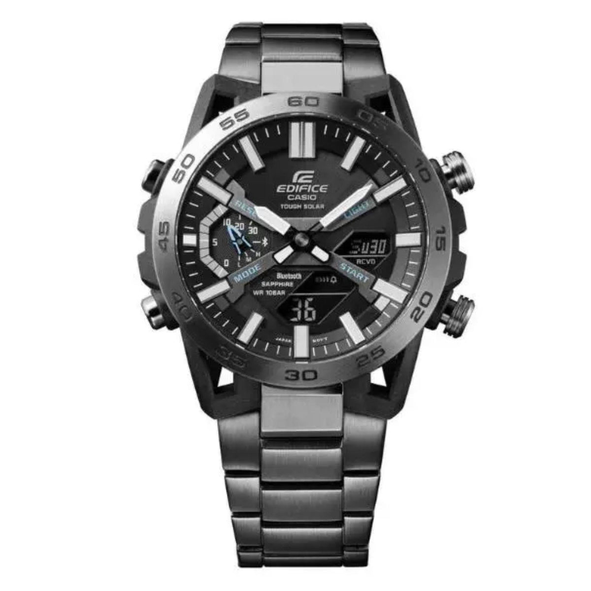 Black Edifice Bluetooth solar chronograph watch with bezel markers and three subdials