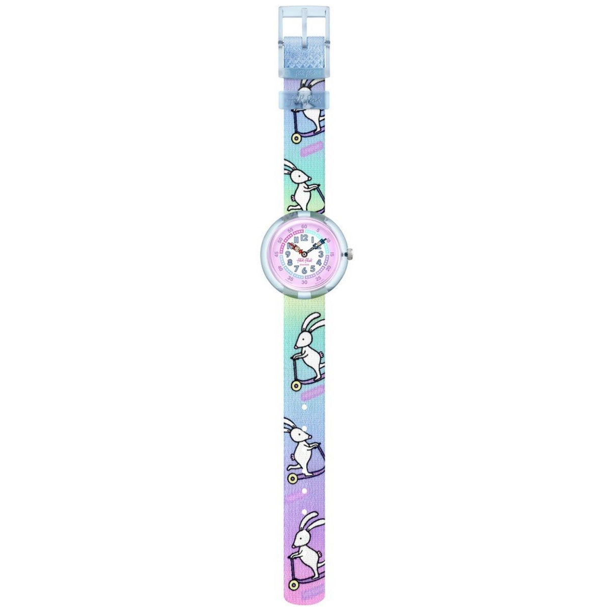 Kids wristwatch with bunny-pattern band and circular pastel face, full length view