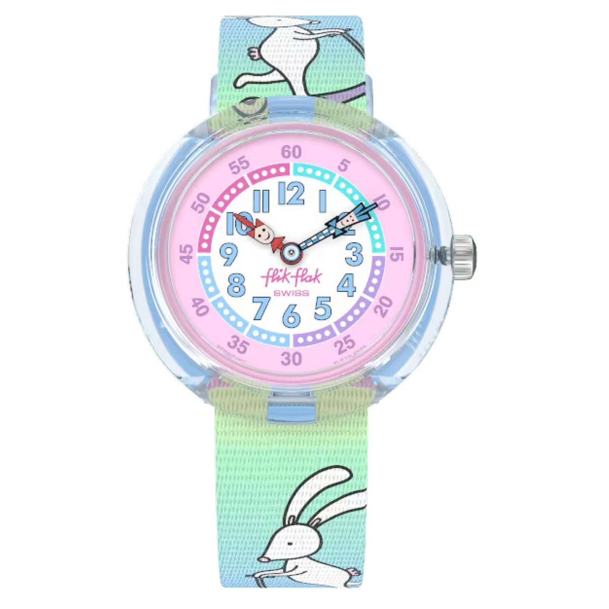 Kids bunny wristwatch with aqua green strap, rounded case, and pastel dial with numbers