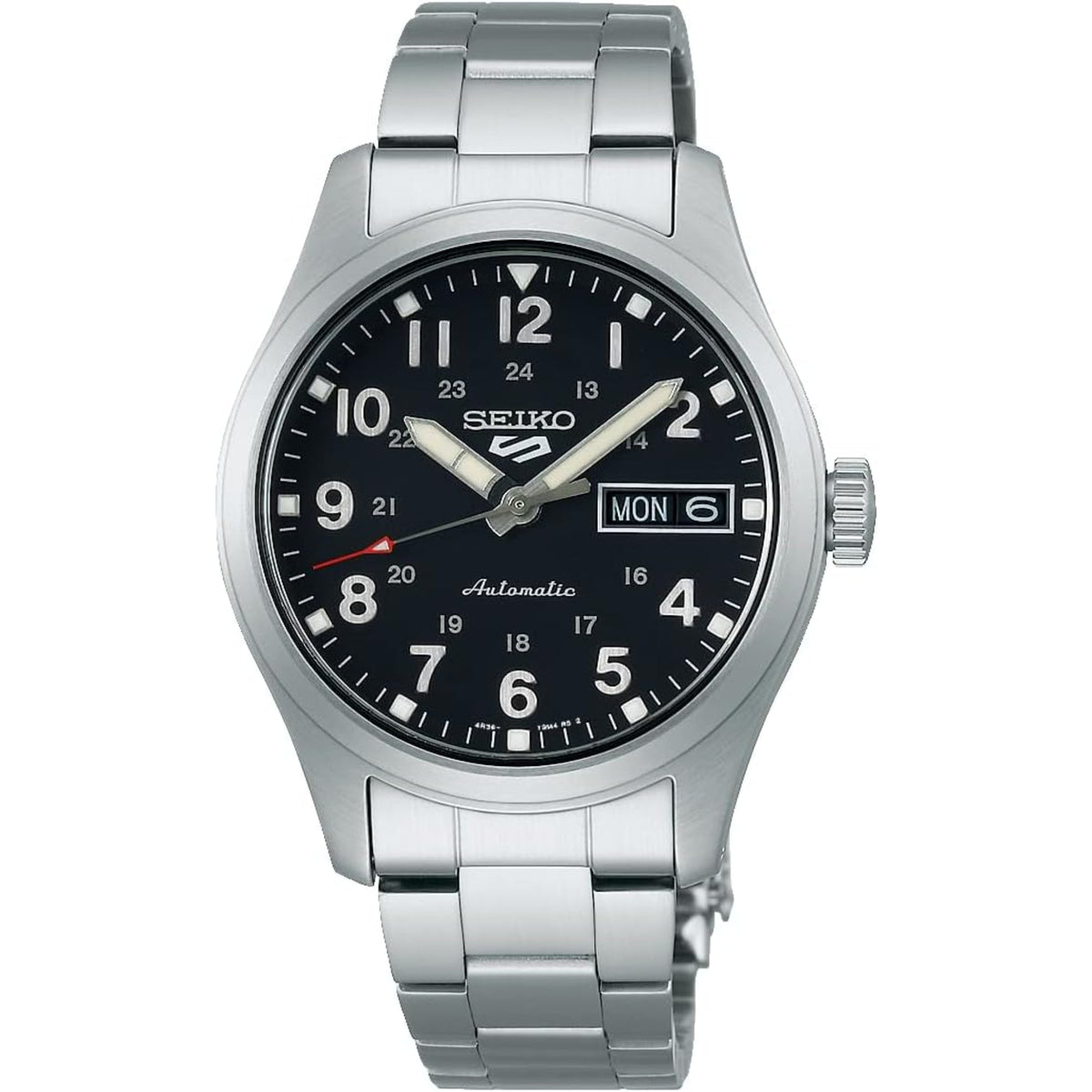 Seiko 5 Sports SRPJ81K1 stainless steel case and black field dial front view