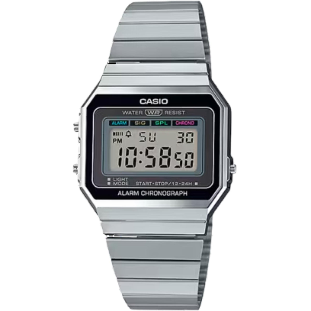 Silver digital alarm chronograph watch with black LCD display and stainless metal bracelet