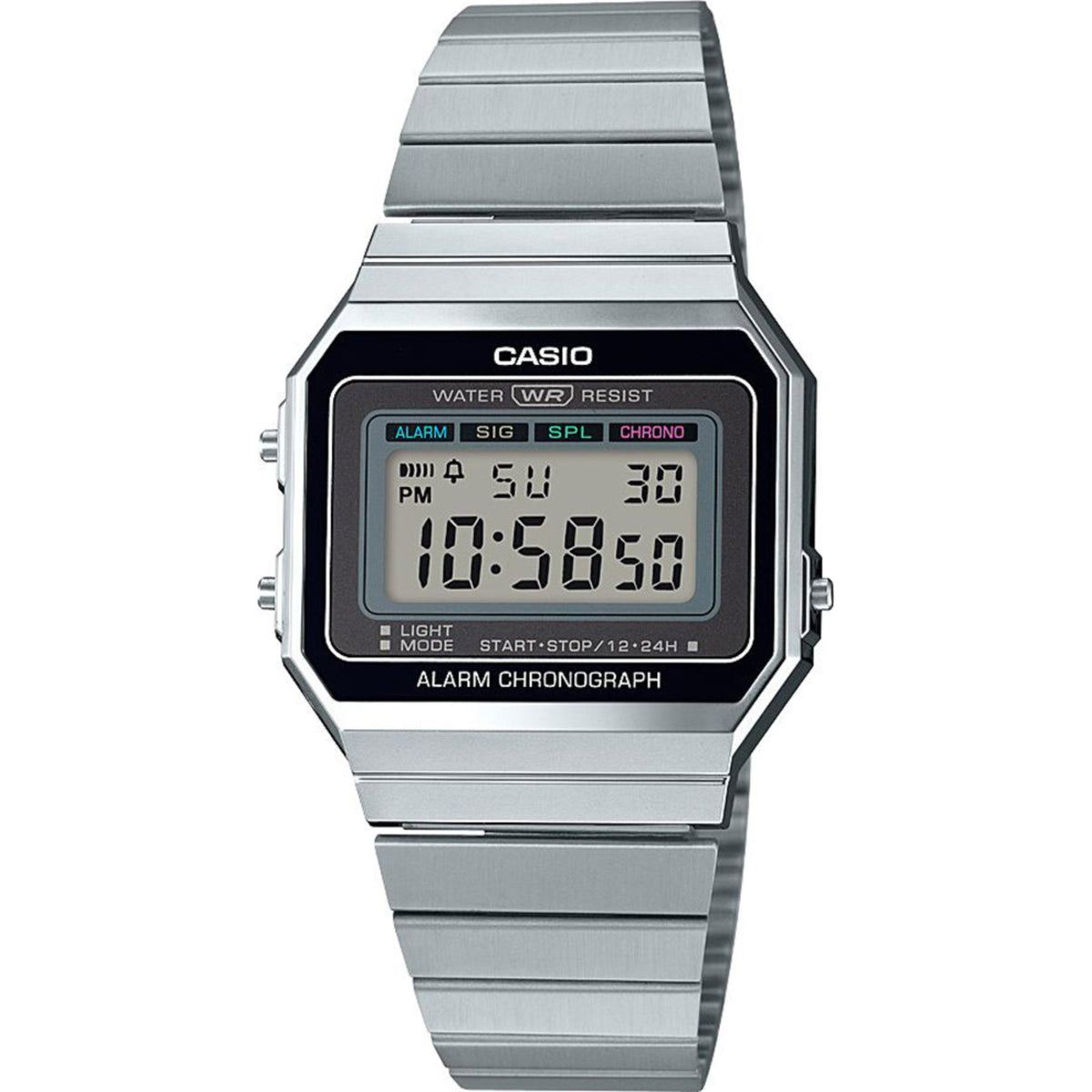 Silver digital alarm chronograph watch with black LCD screen and metal bracelet