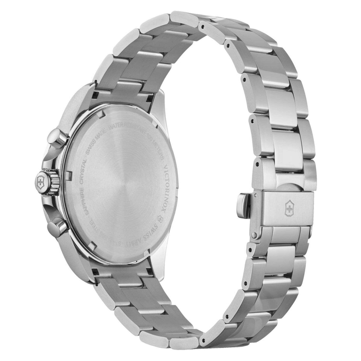 Steel watch caseback and bracelet links, side view with crown guards